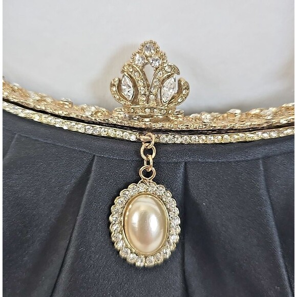 Kate Landry Black Satin With Rhinestone Trim Evening Bag Clutch Crown Queen - Picture 2 of 8